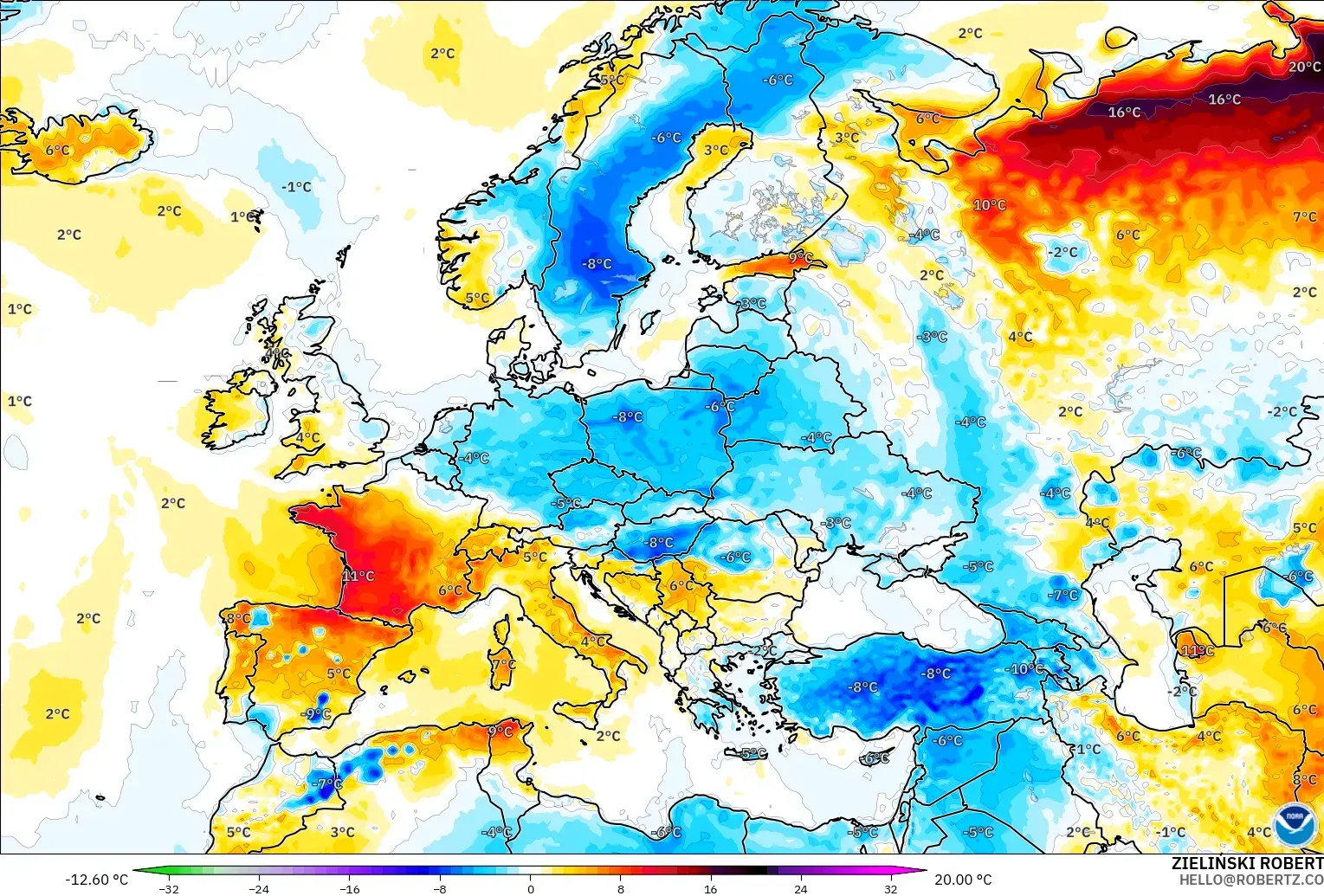 GFS modelo - Europa, Anomalía de temperatura a 2 m