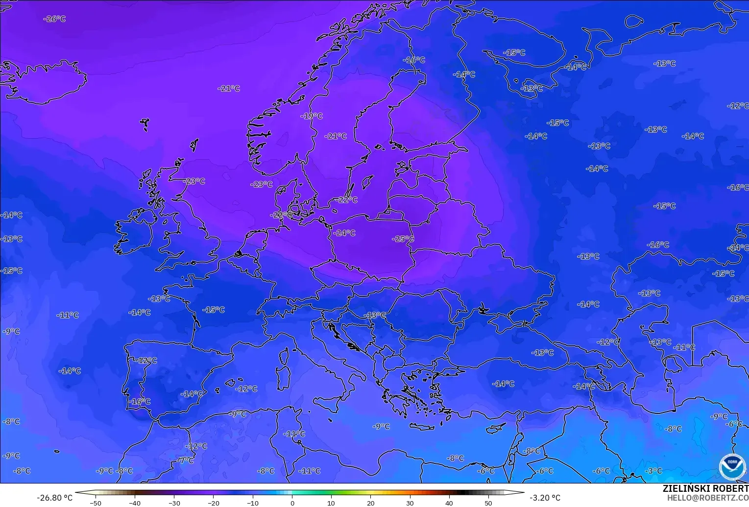 GFS modelo - Europa, Temperatura a 500 hPa