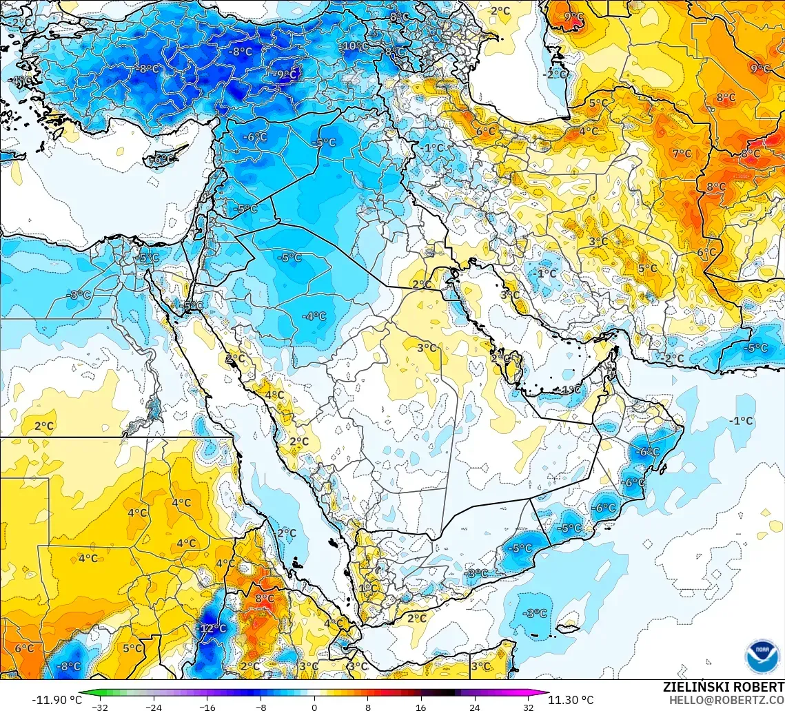 GFS modelo - Oriente Medio, Anomalía de temperatura a 2 m