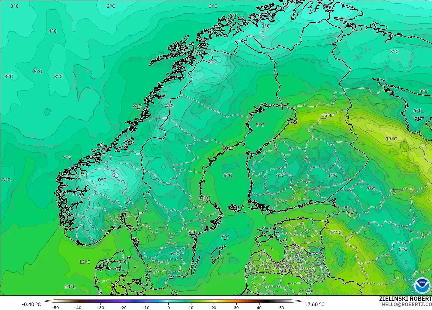 GFS modelo - Escandinavia, Punto de rocío a 2 m
