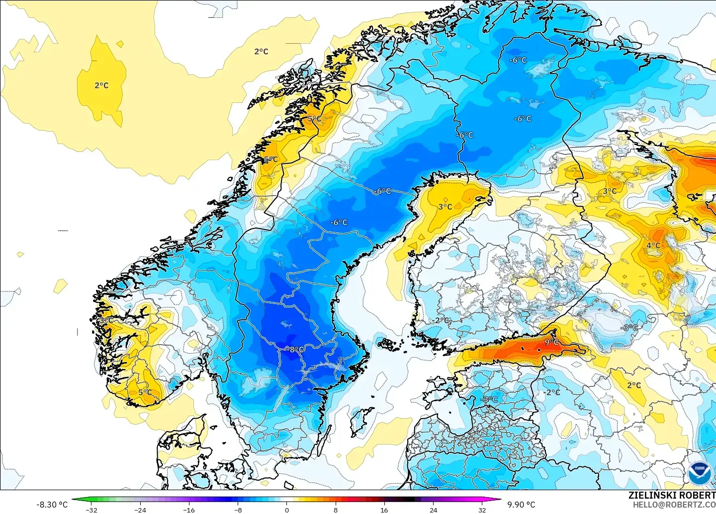 GFS modelo - Escandinavia, Anomalía de temperatura a 2 m