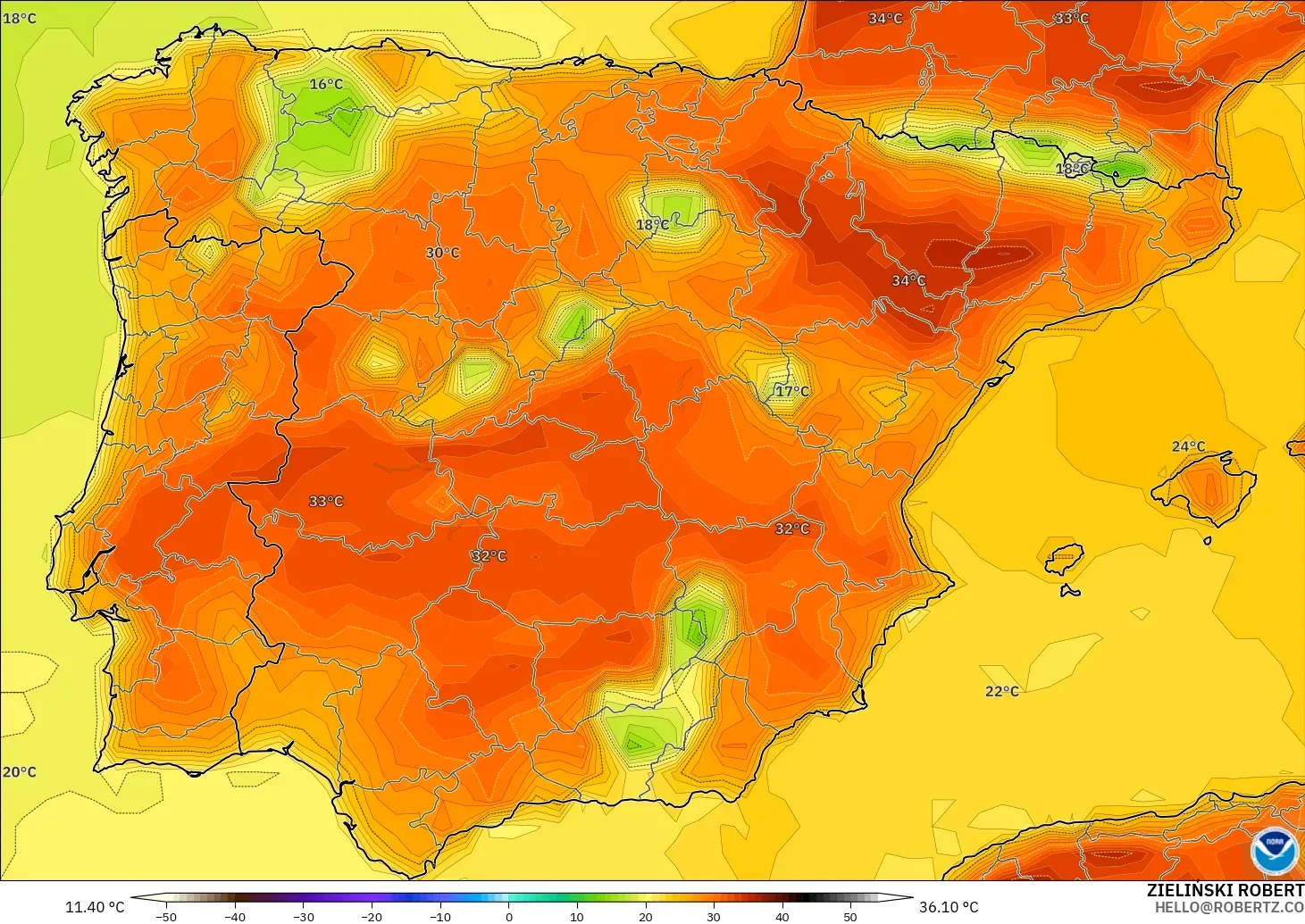 GFS modelo - España, Temperatura a 2 m