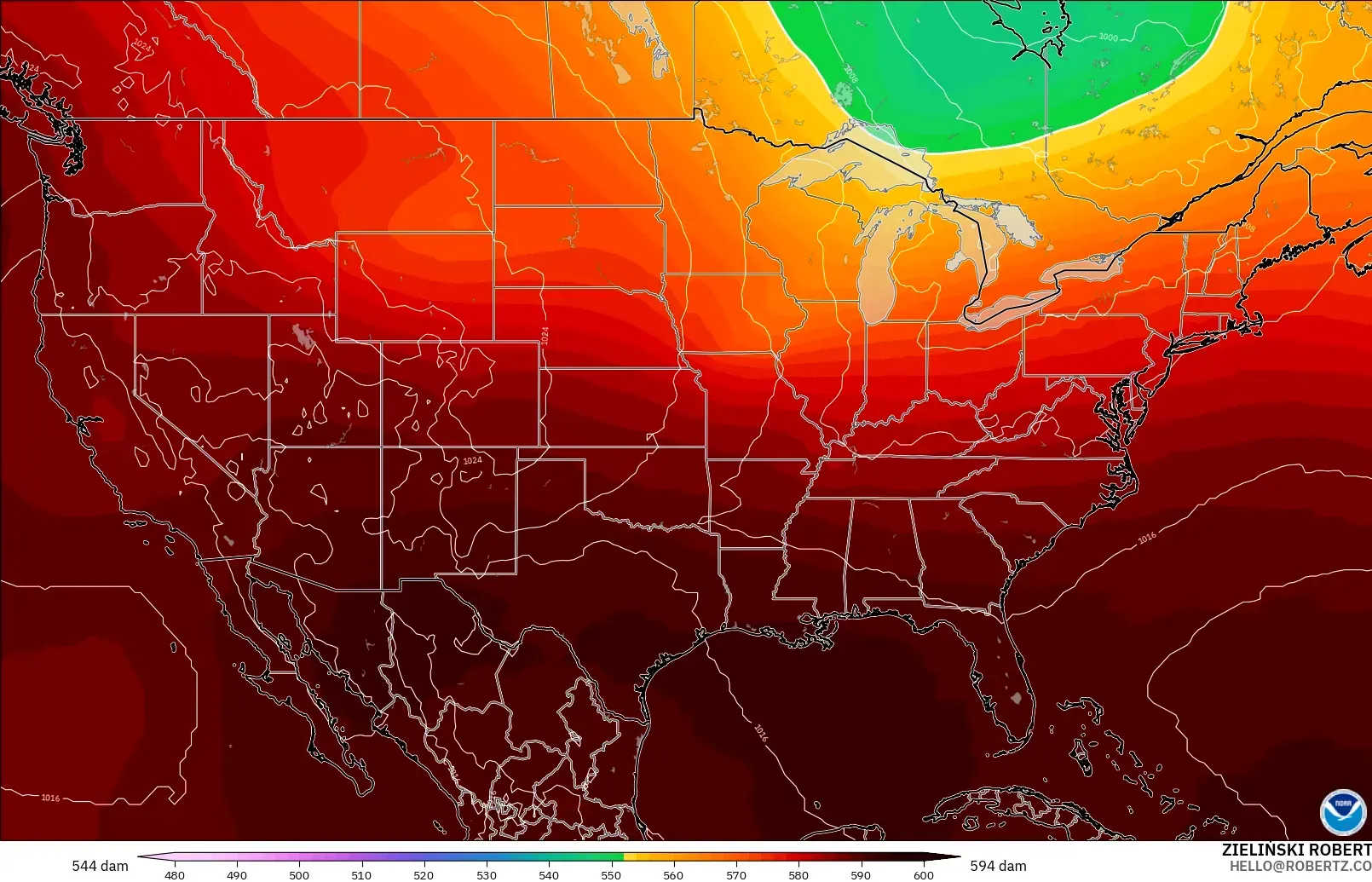 GFS modelo - Estados Unidos, Altura geopotencial a 500 hPa