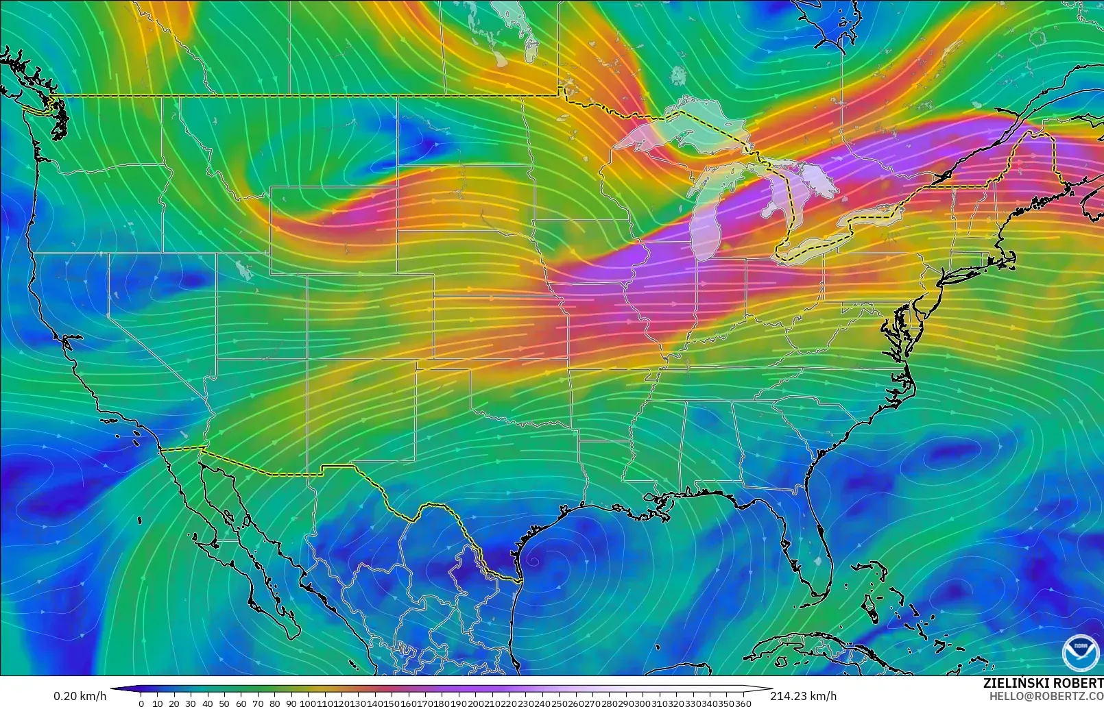 GFS modelo - Estados Unidos, Viento a 300 hPa (corriente en chorro)