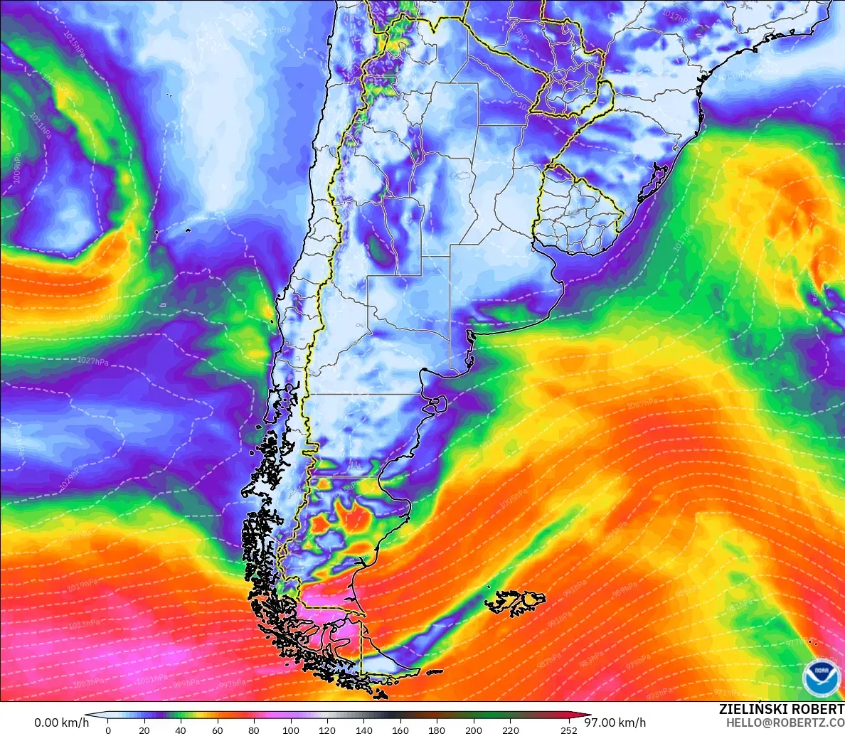 GFS modelo - Argentina, Ráfagas de viento