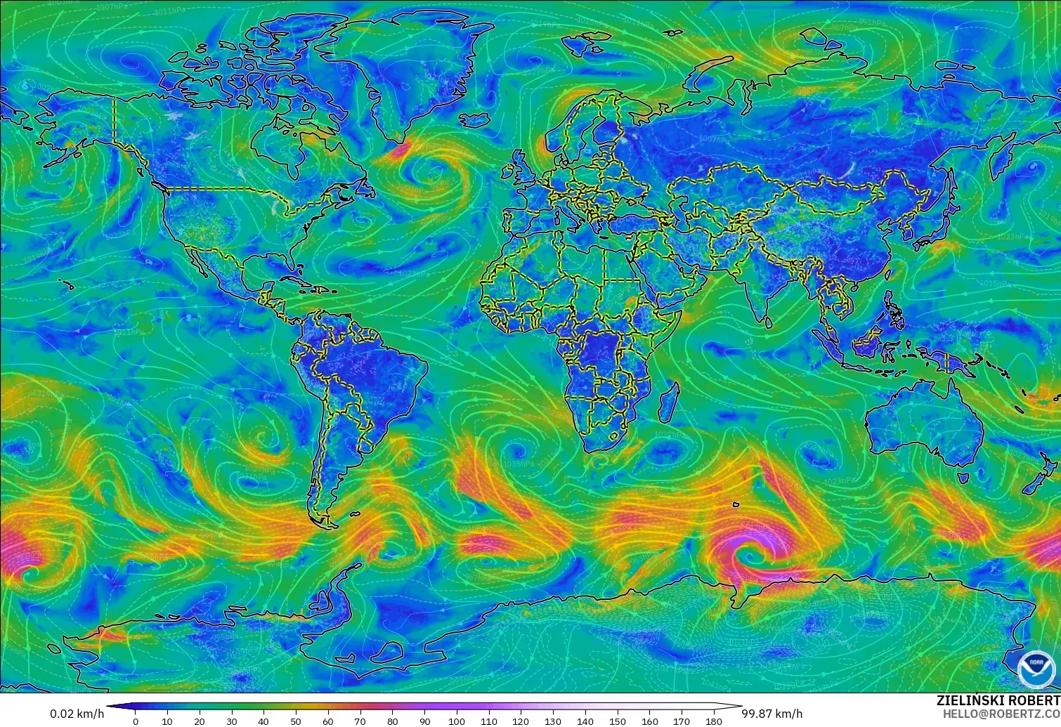 GFS modelo - Mundo, Viento a 10 m
