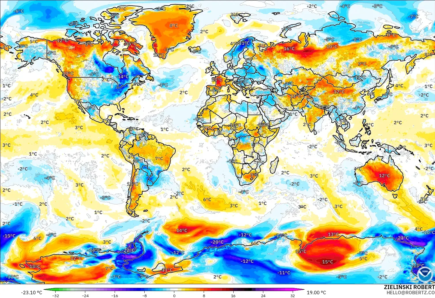 GFS modelo - Mundo, Anomalía de temperatura a 2 m