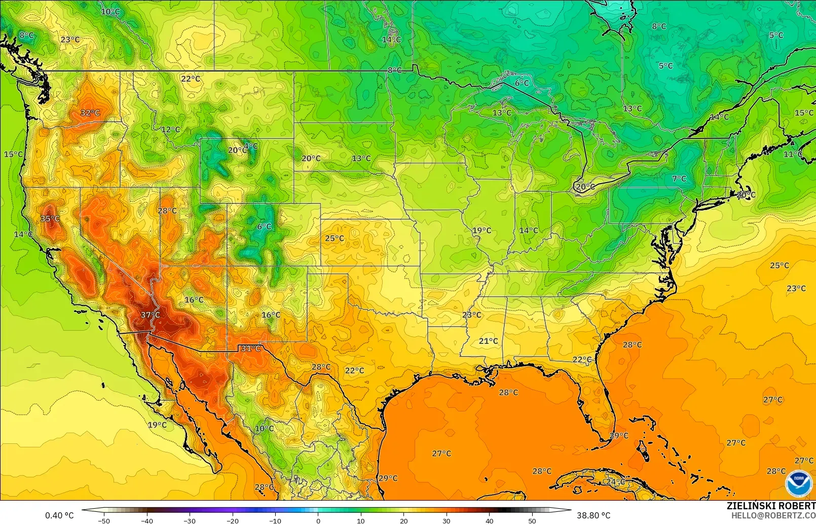 GFS modelo - Estados Unidos, Temperatura a 2 m