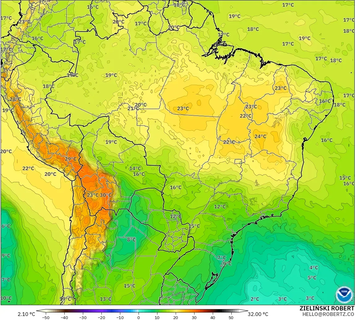 GFS modelo - Brasil, Temperatura a 850 hPa