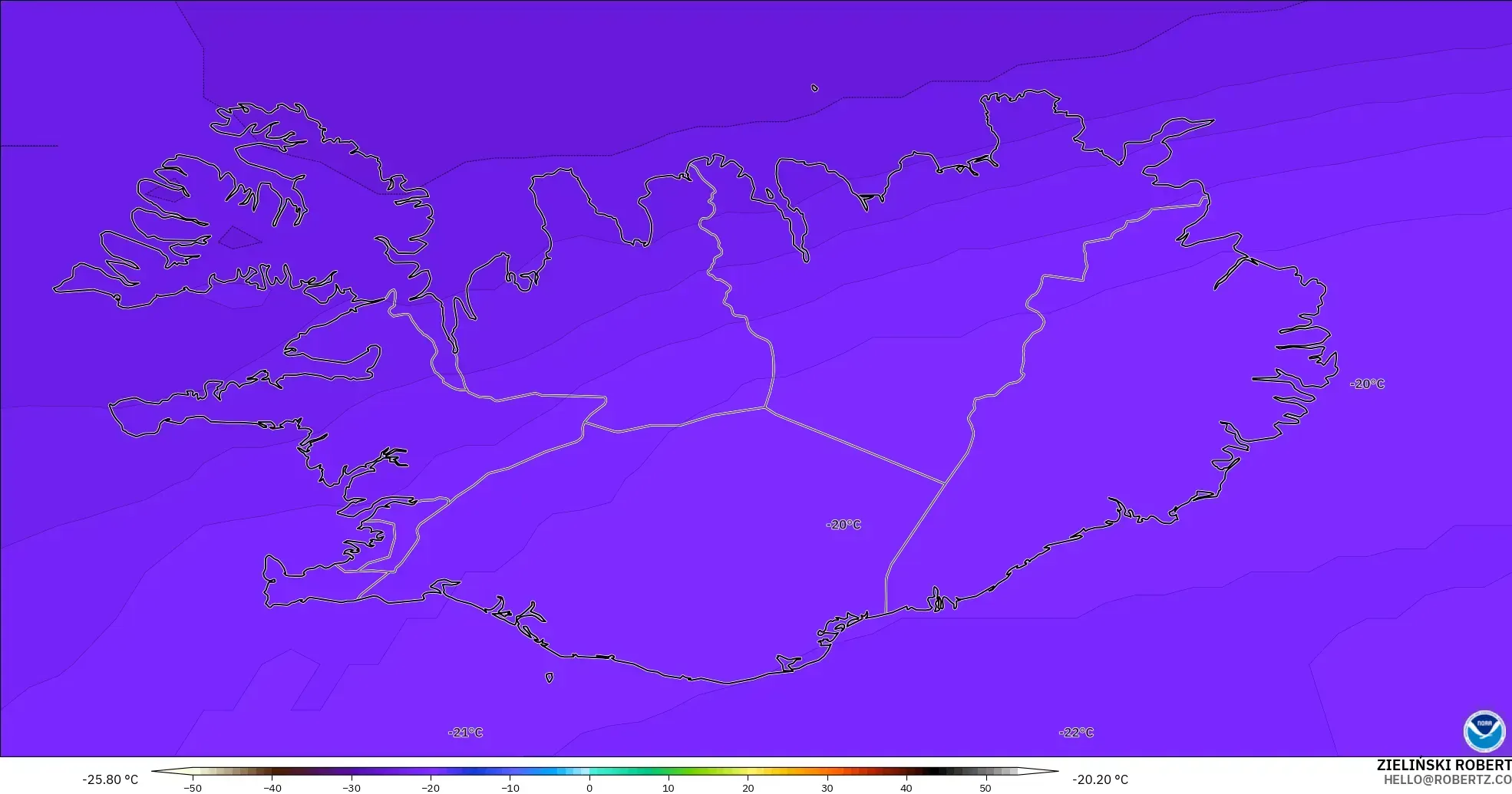 GFS modelo - Islandia, Temperatura a 500 hPa