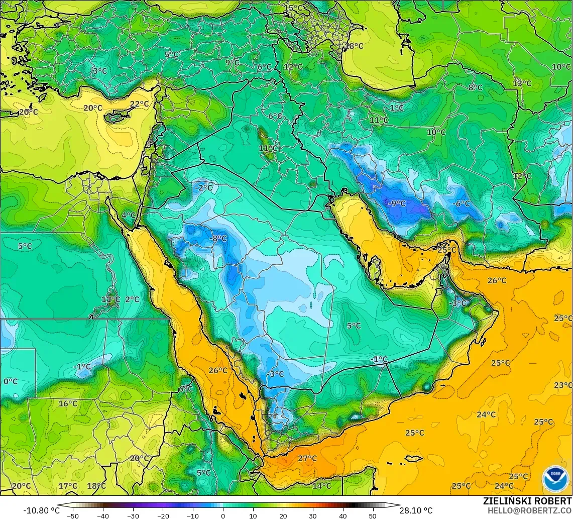 GFS modelo - Oriente Medio, Punto de rocío a 2 m
