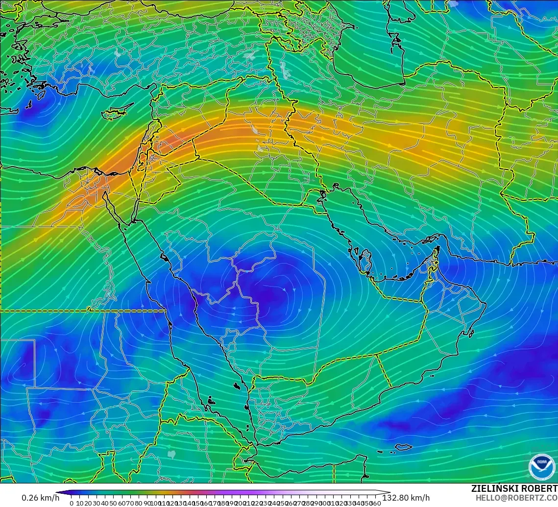 GFS modelo - Oriente Medio, Viento a 300 hPa (corriente en chorro)