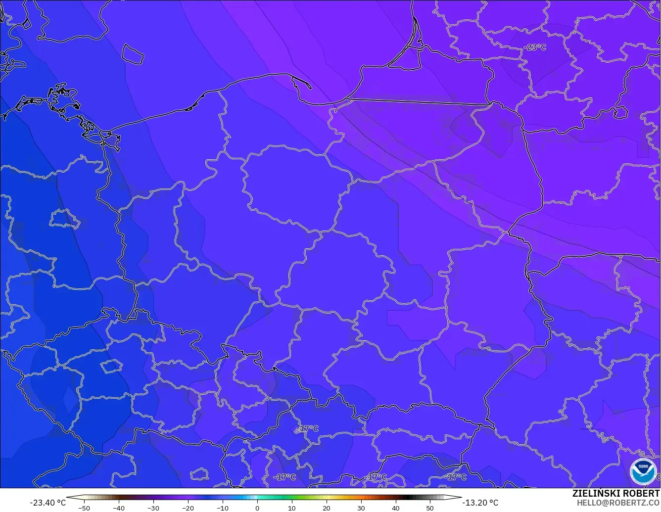 GFS modelo - Polonia, Temperatura a 500 hPa