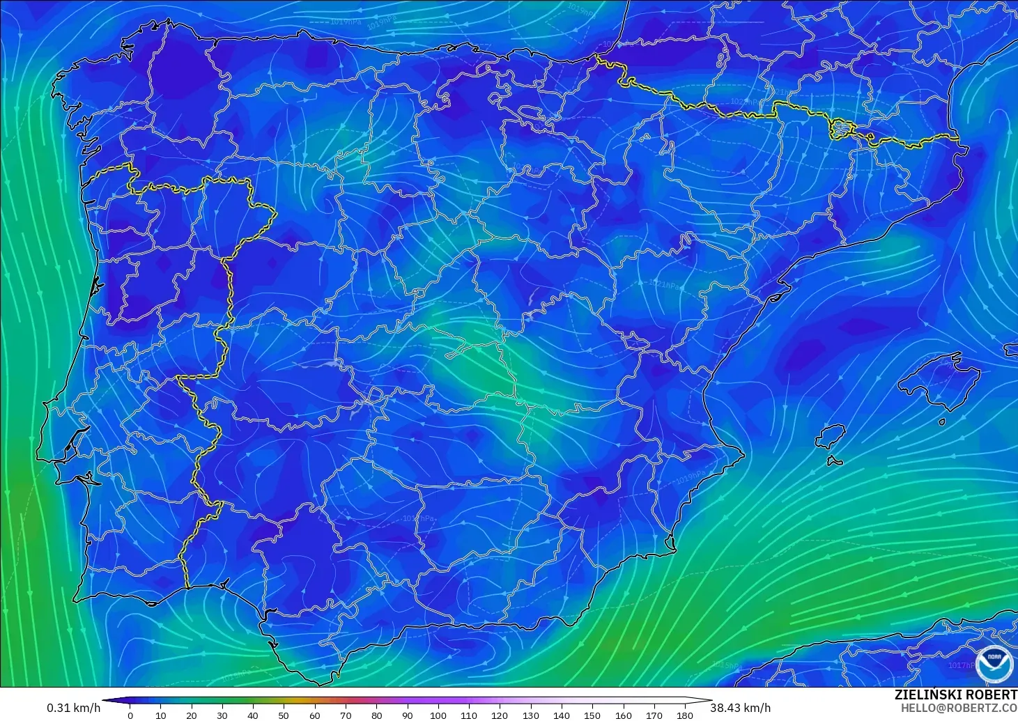 GFS modelo - España, Viento a 10 m