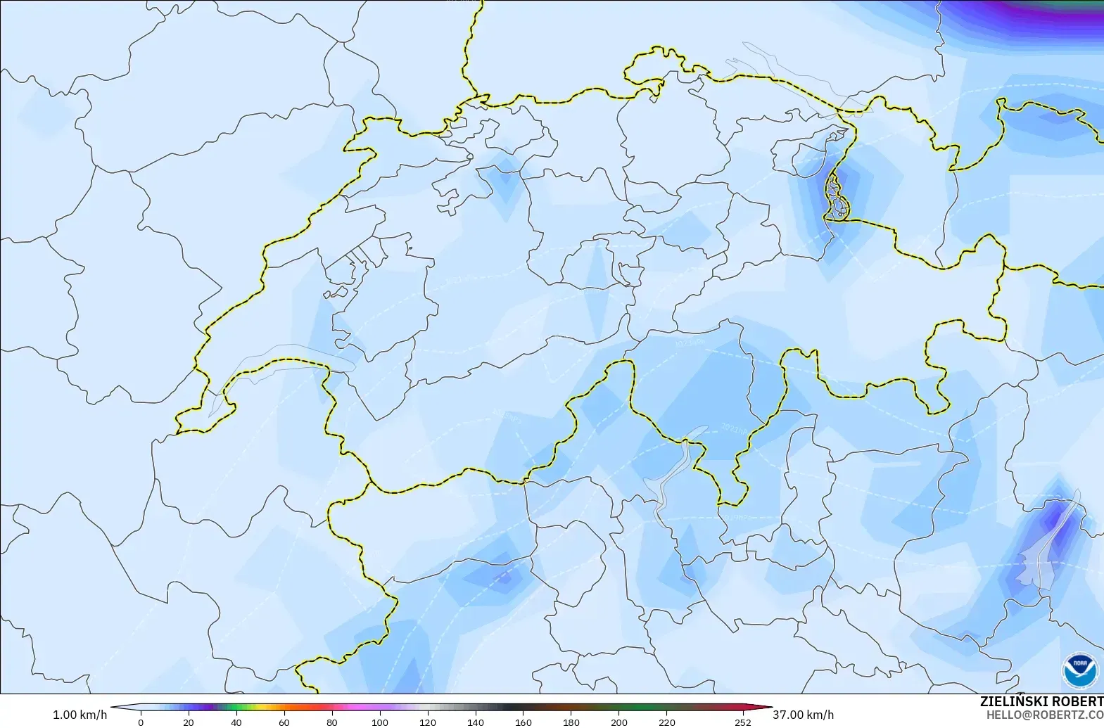 GFS modelo - Suiza, Ráfagas de viento