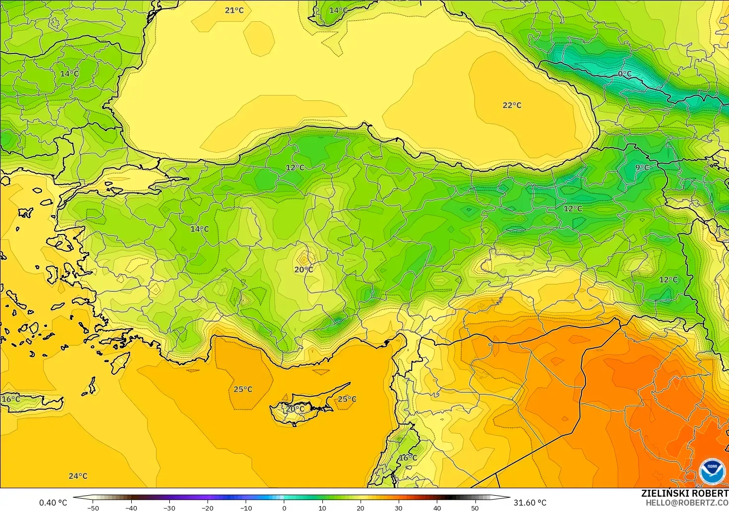 GFS modelo - Turquía, Temperatura a 2 m