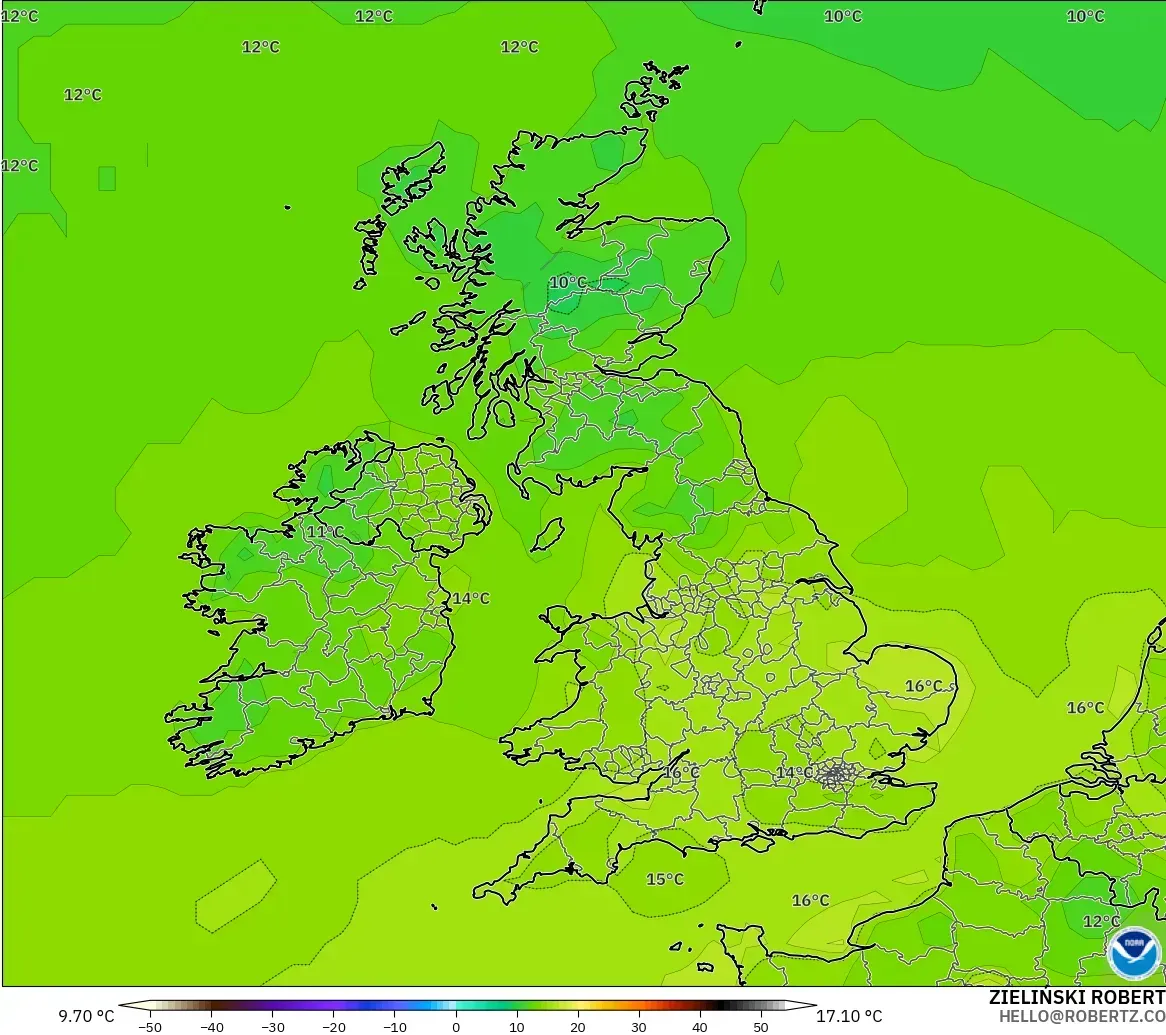 GFS modelo - Reino Unido, Temperatura a 2 m