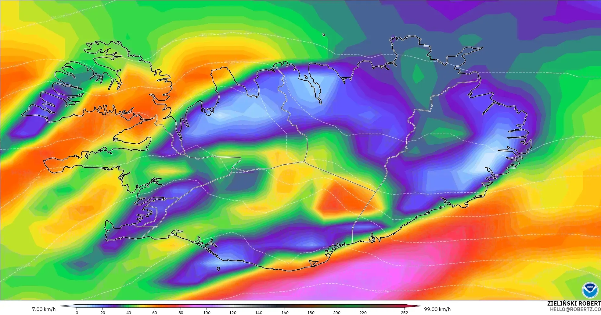 GFS modelo - Islandia, Ráfagas de viento