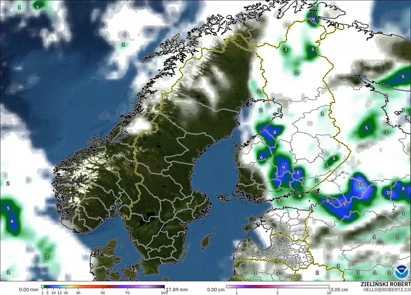 GFS modelo - Escandinavia, Precipitación, nubes y presión