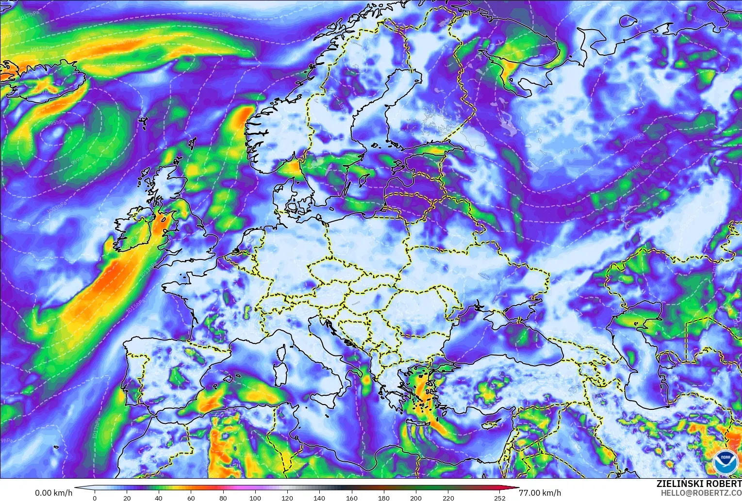 GFS modelo - Europa, Ráfagas de viento