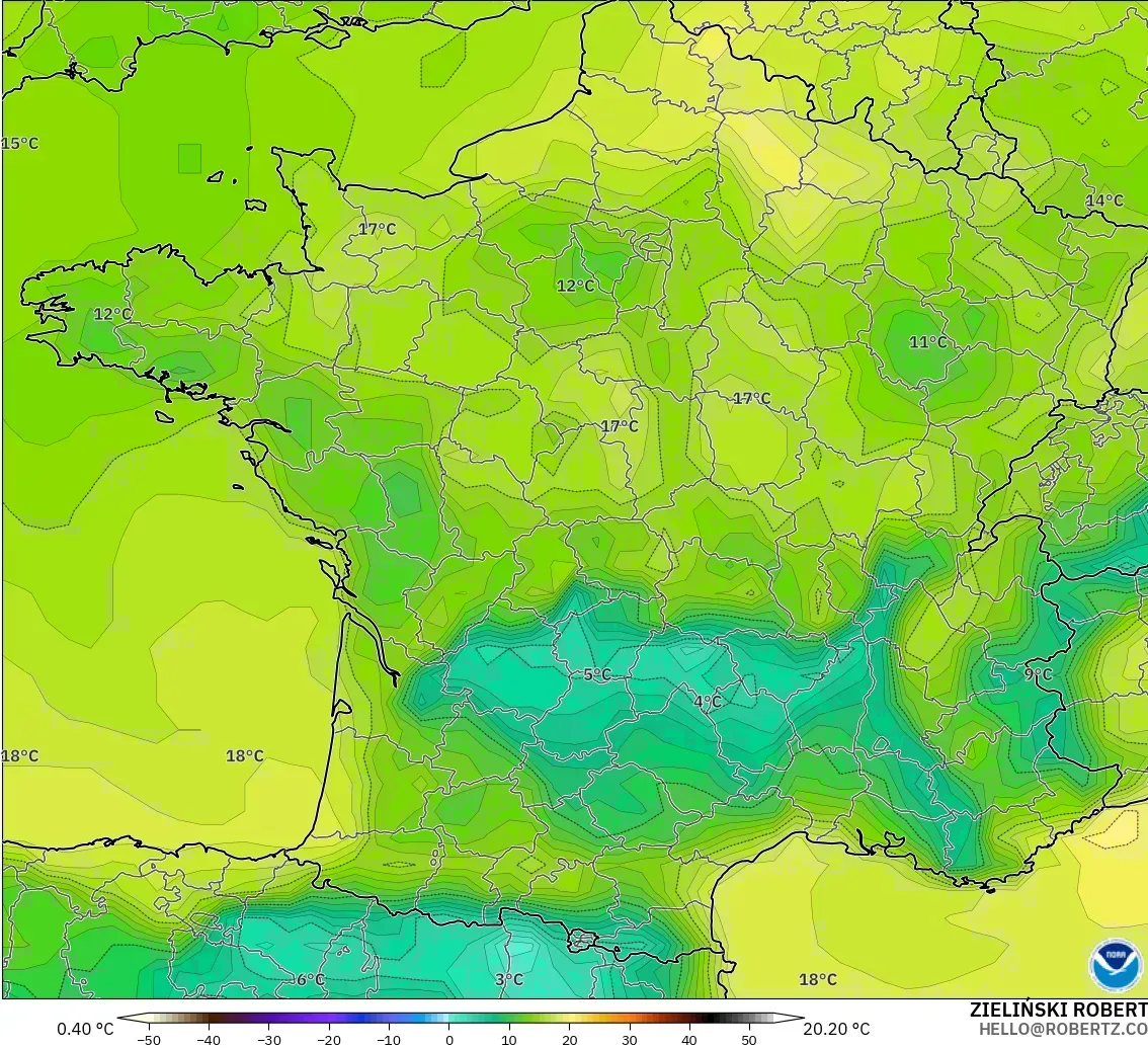 GFS modelo - Francia, Punto de rocío a 2 m