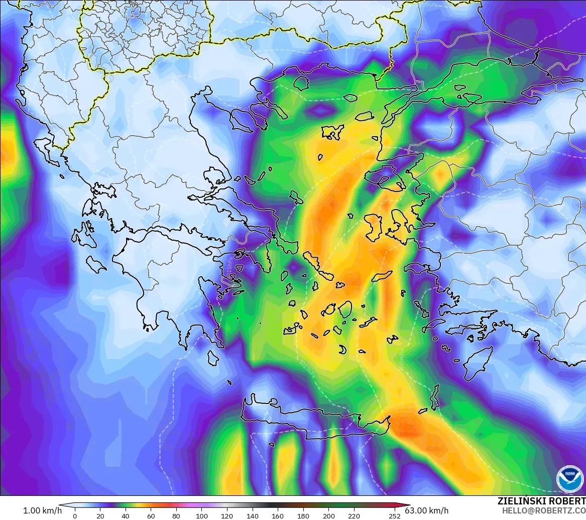 GFS modelo - Grecia, Ráfagas de viento