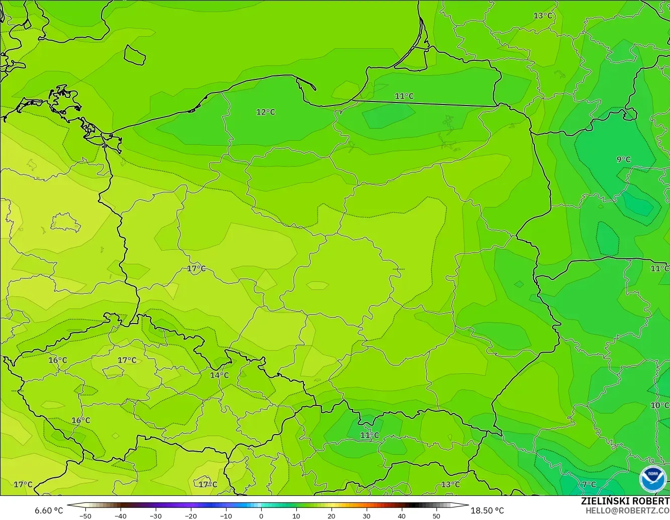 GFS modelo - Polonia, Punto de rocío a 2 m