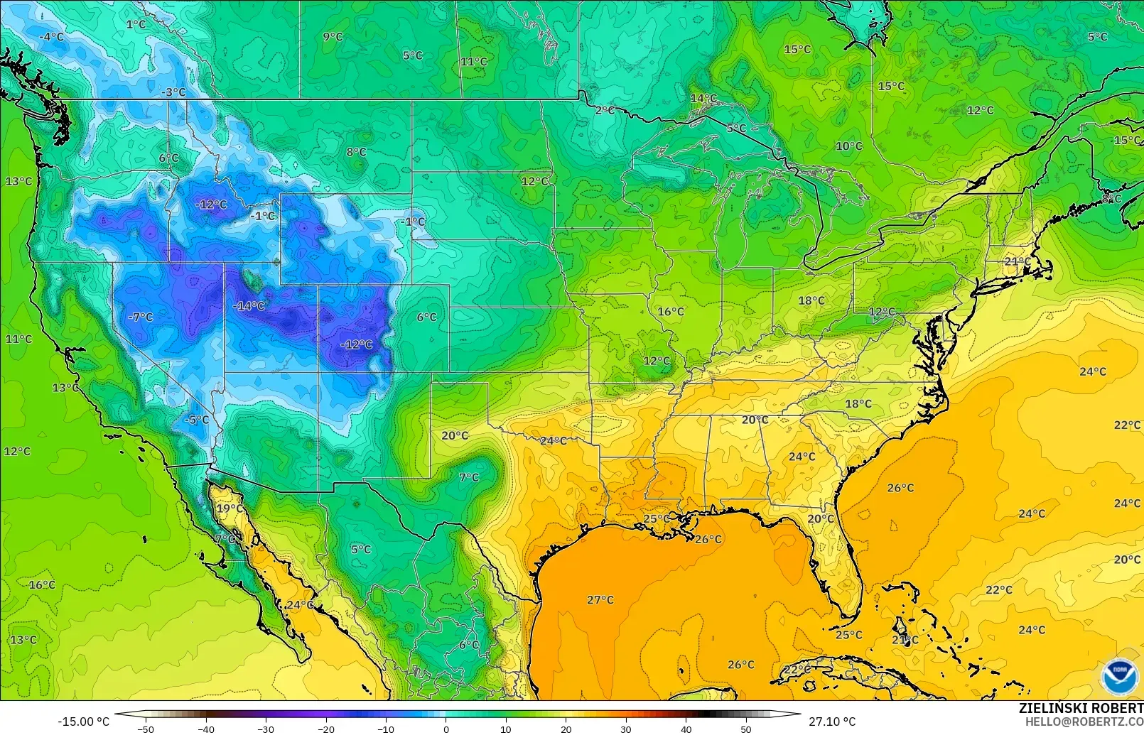 GFS modelo - Estados Unidos, Punto de rocío a 2 m