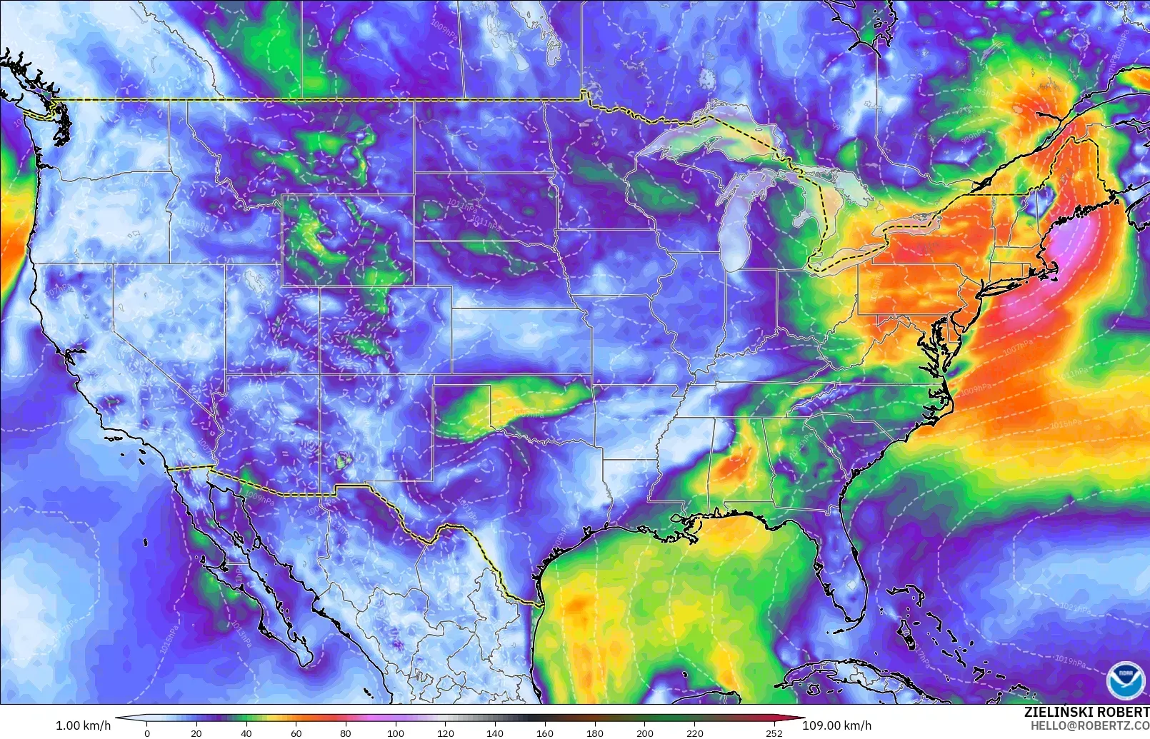GFS modelo - Estados Unidos, Ráfagas de viento
