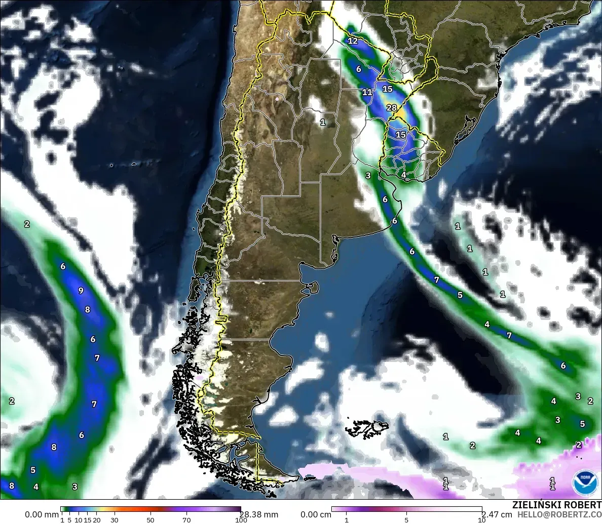 GFS modelo - Argentina, Precipitación, nubes y presión