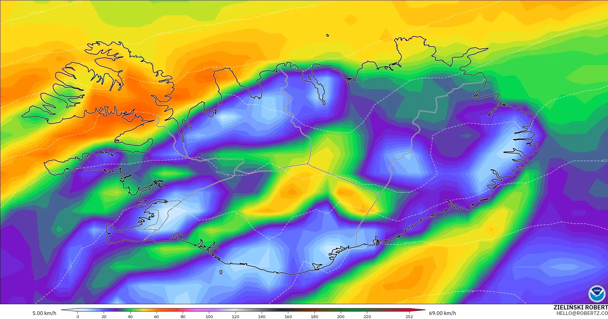 GFS modelo - Islandia, Ráfagas de viento