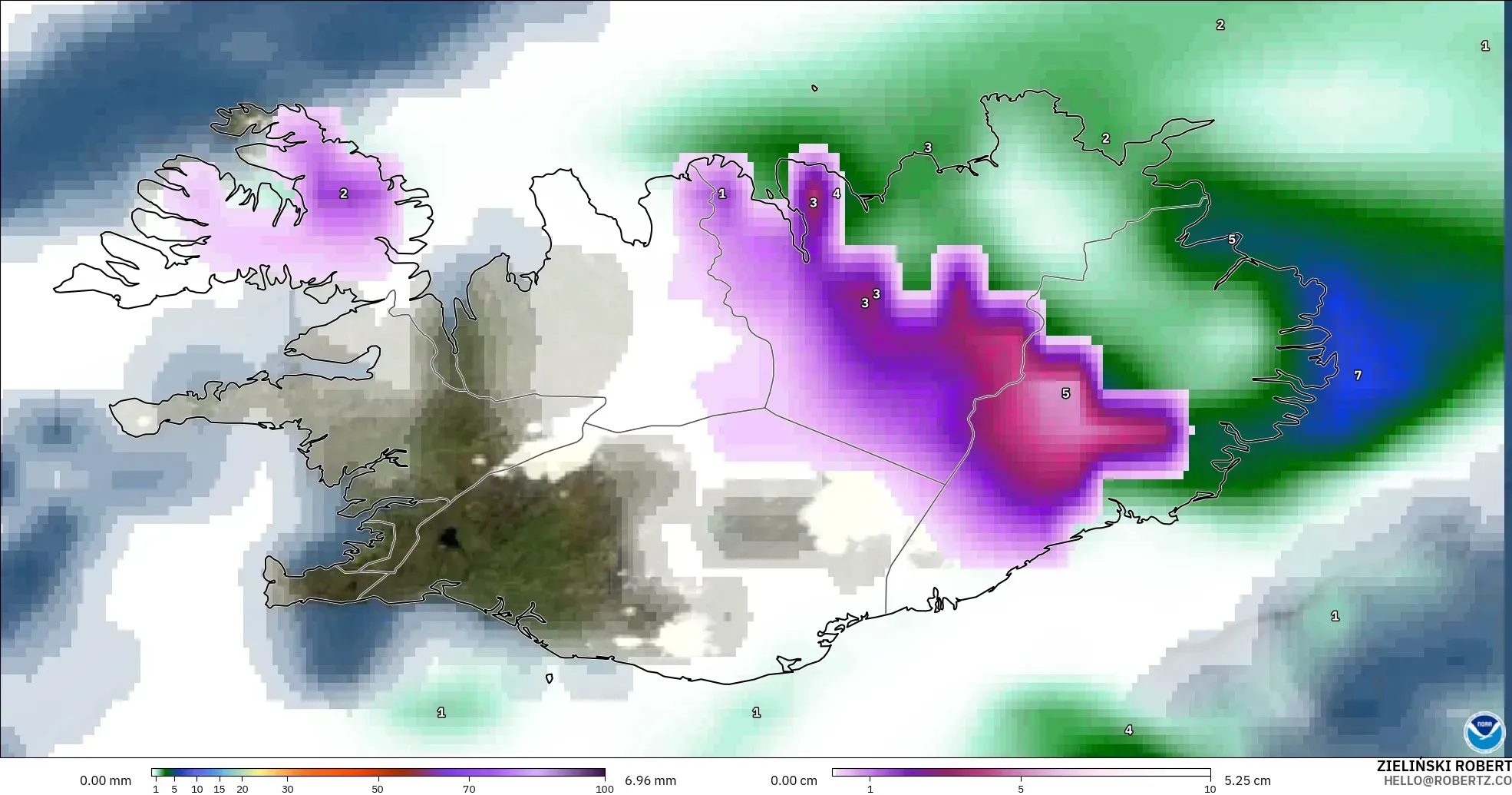GFS modelo - Islandia, Precipitación, nubes y presión