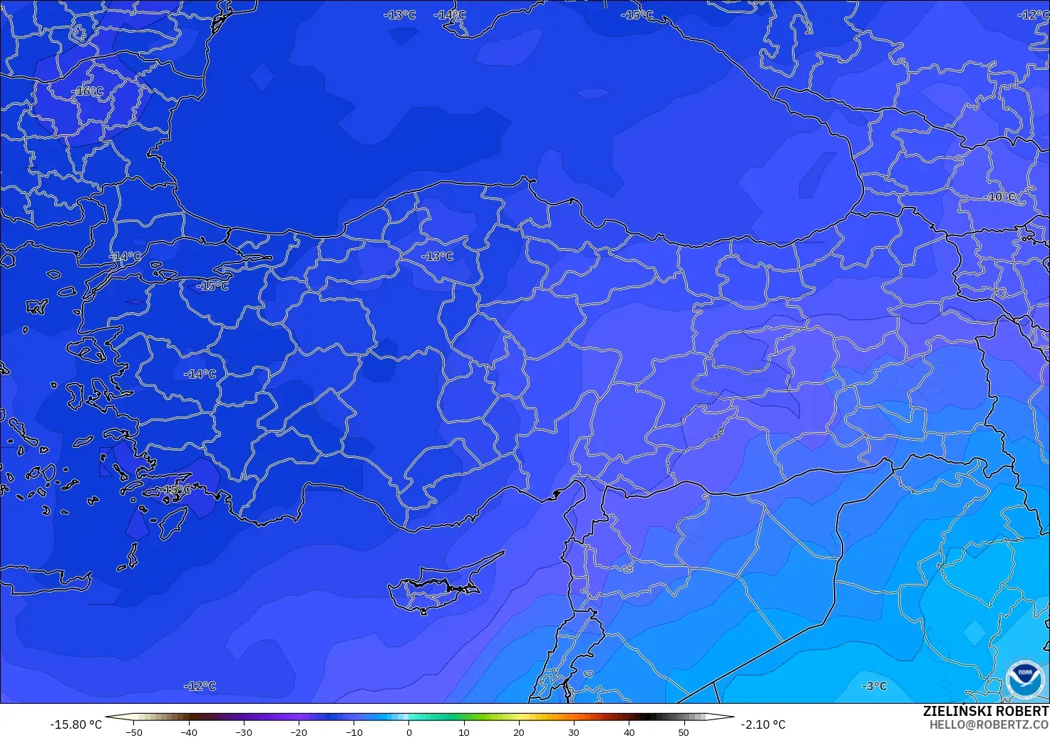 GFS modelo - Turquía, Temperatura a 500 hPa
