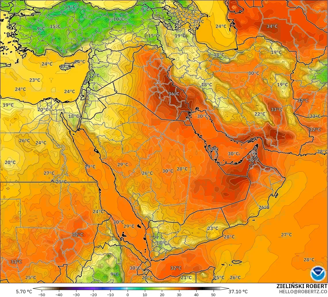 GFS modelo - Oriente Medio, Temperatura a 2 m