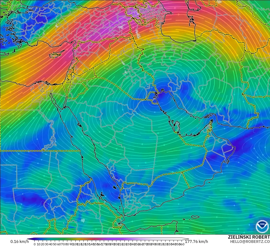 GFS modelo - Oriente Medio, Viento a 300 hPa (corriente en chorro)