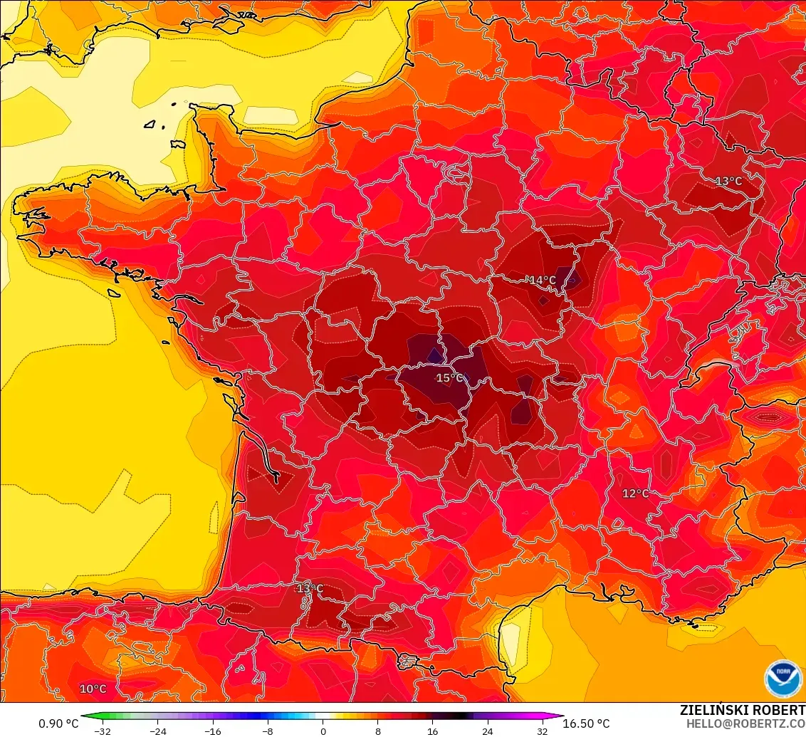GFS modelo - Francia, Anomalía de temperatura a 2 m