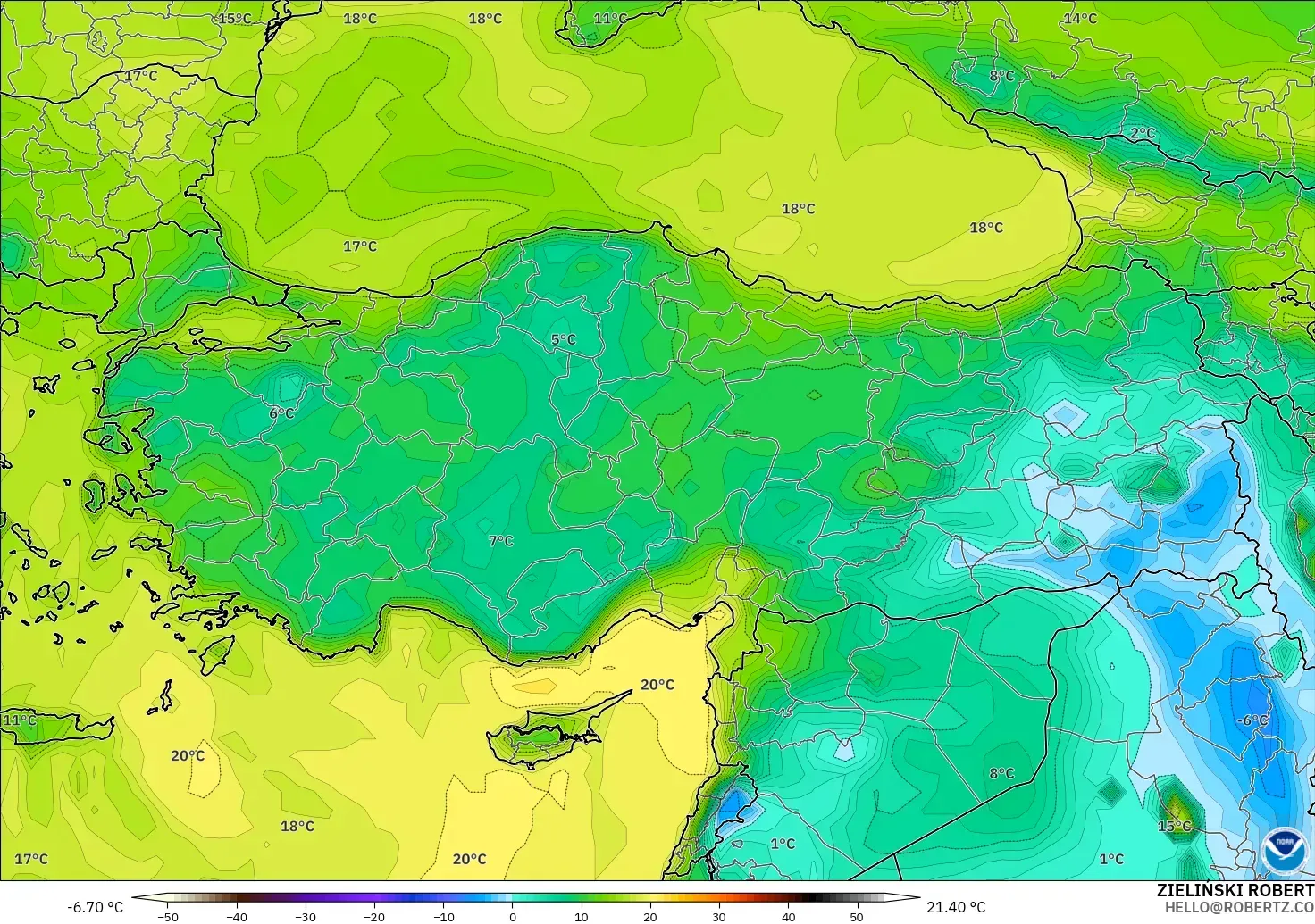 GFS modelo - Turquía, Punto de rocío a 2 m