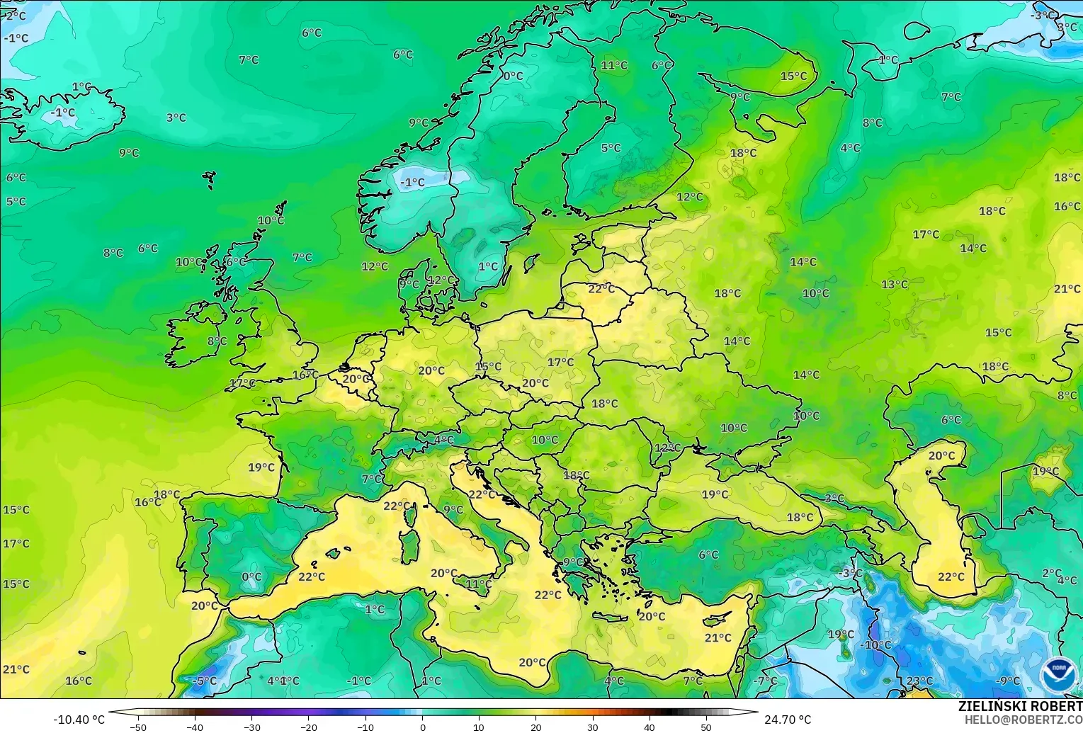 GFS modelo - Europa, Punto de rocío a 2 m