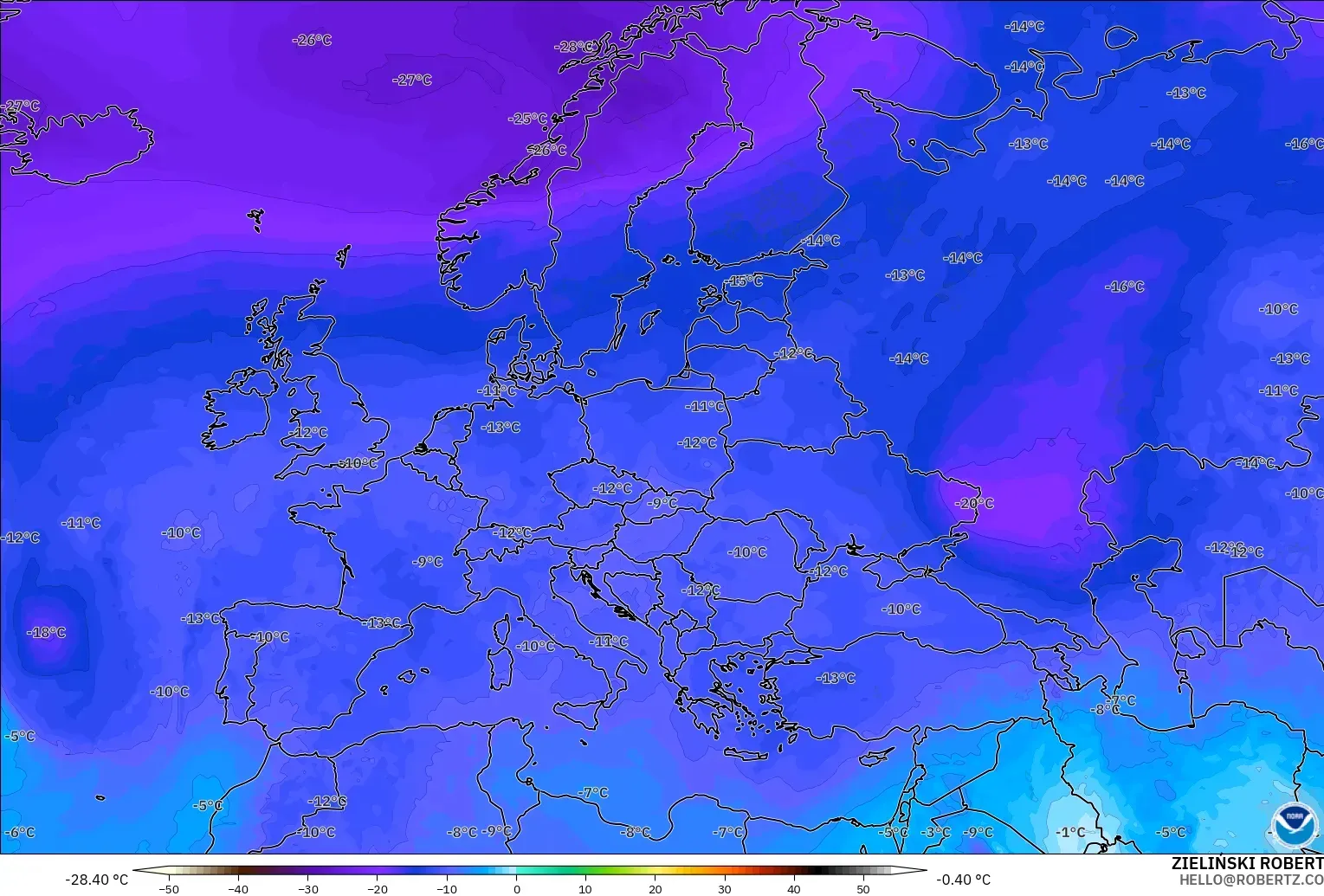 GFS modelo - Europa, Temperatura a 500 hPa