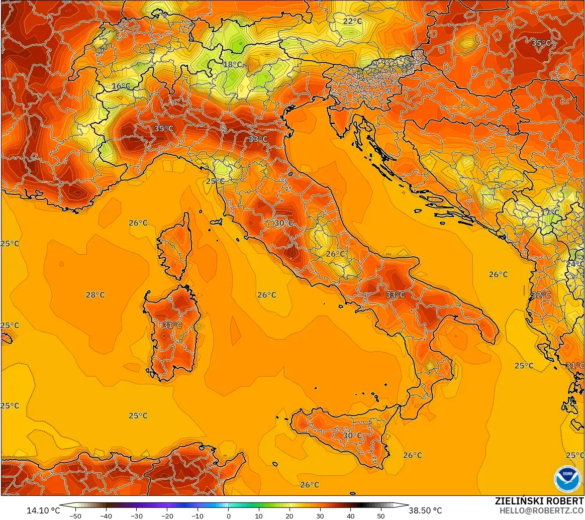 GFS modelo - Italia, Temperatura a 2 m