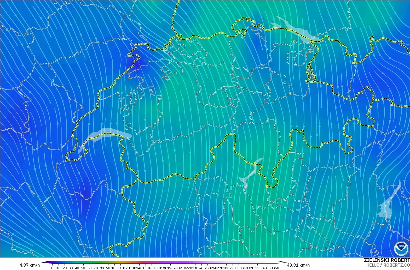 GFS modelo - Suiza, Viento a 300 hPa (corriente en chorro)