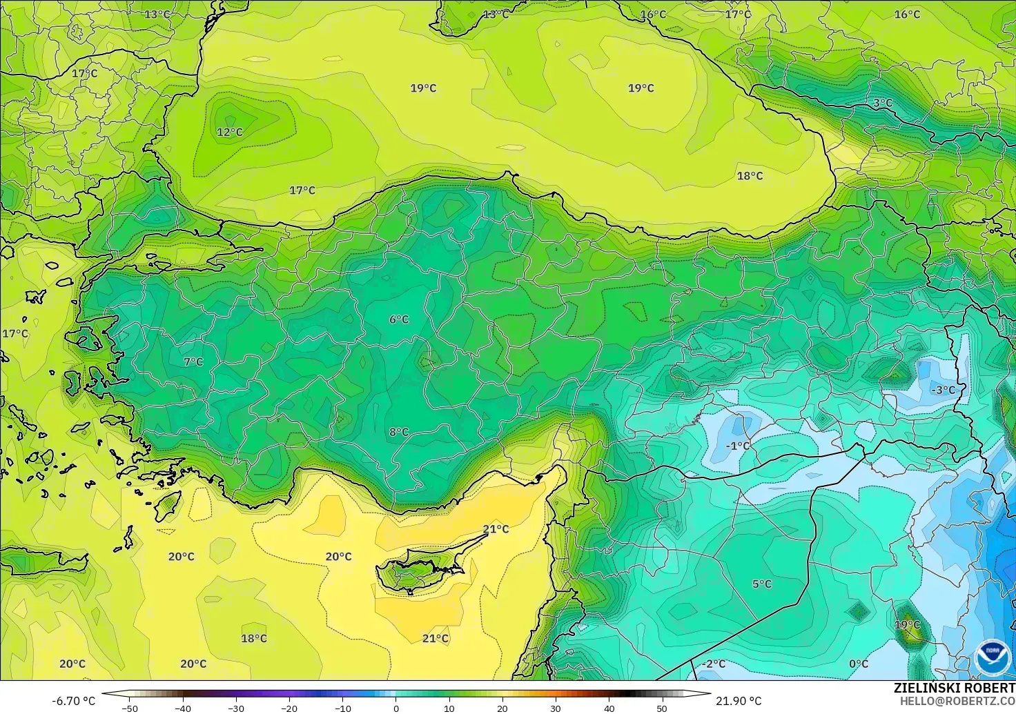 GFS modelo - Turquía, Punto de rocío a 2 m