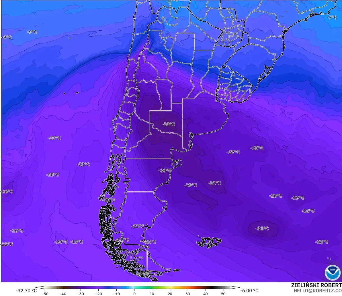 GFS modelo - Argentina, Temperatura a 500 hPa