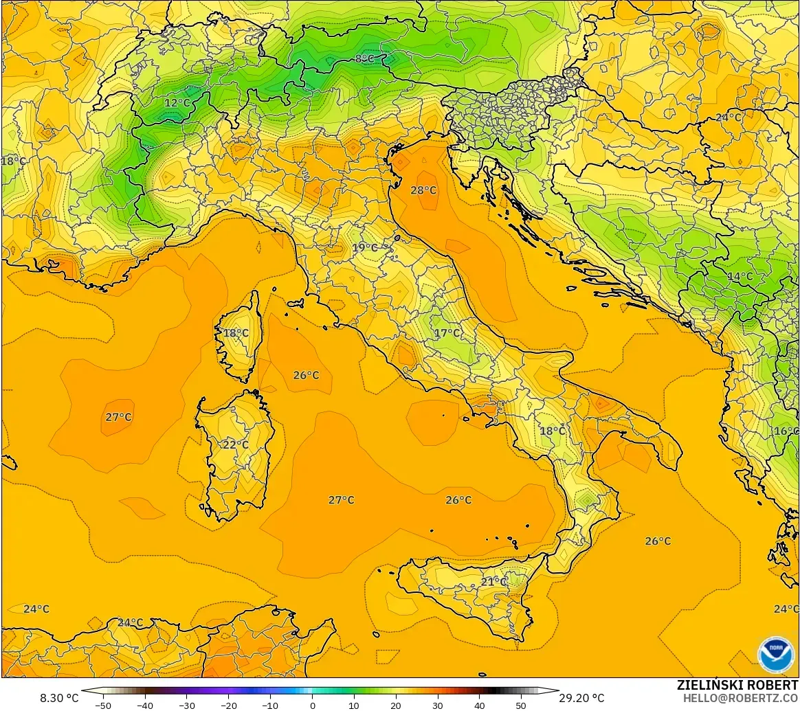GFS modelo - Italia, Temperatura a 2 m