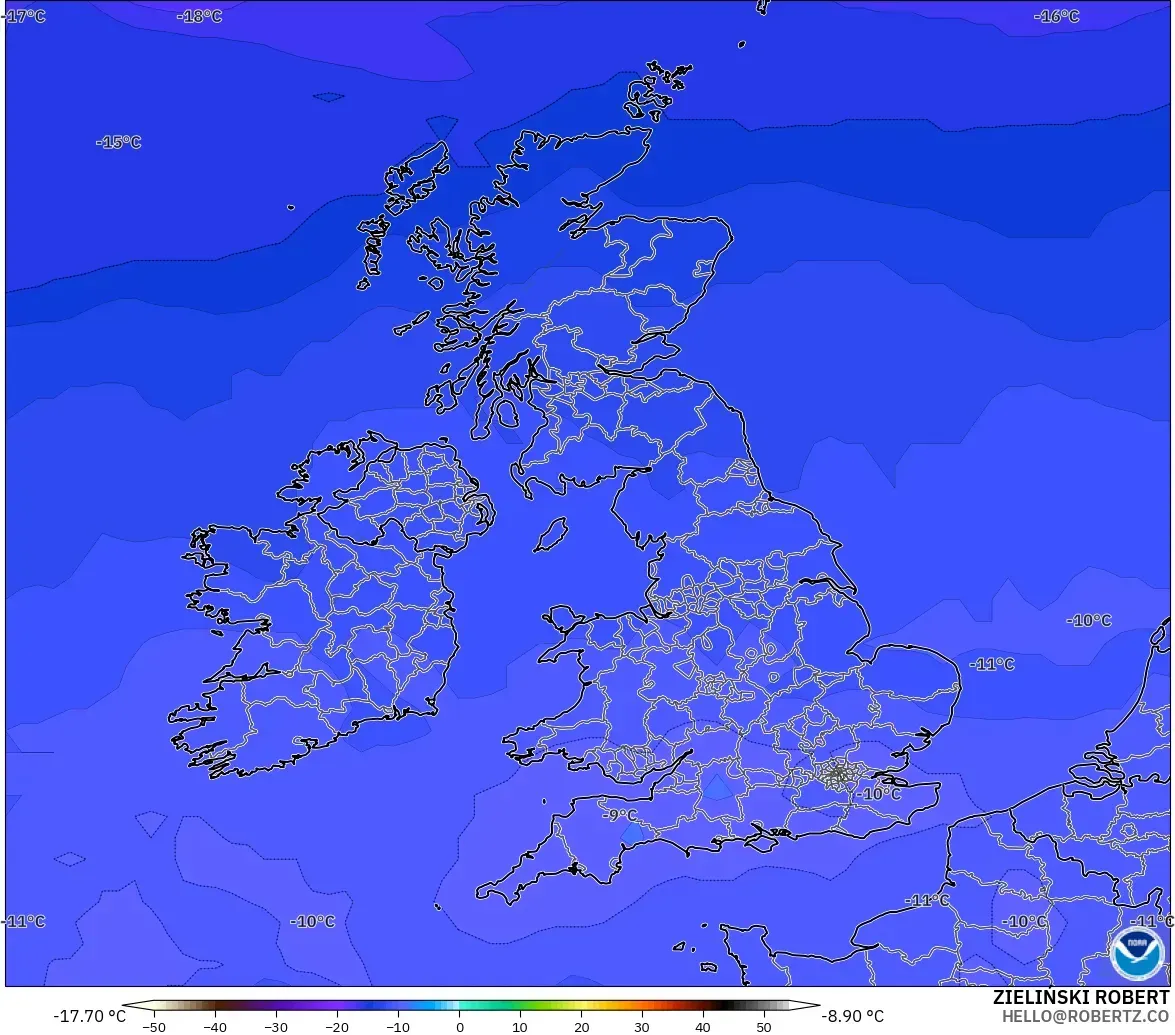 GFS modelo - Reino Unido, Temperatura a 500 hPa