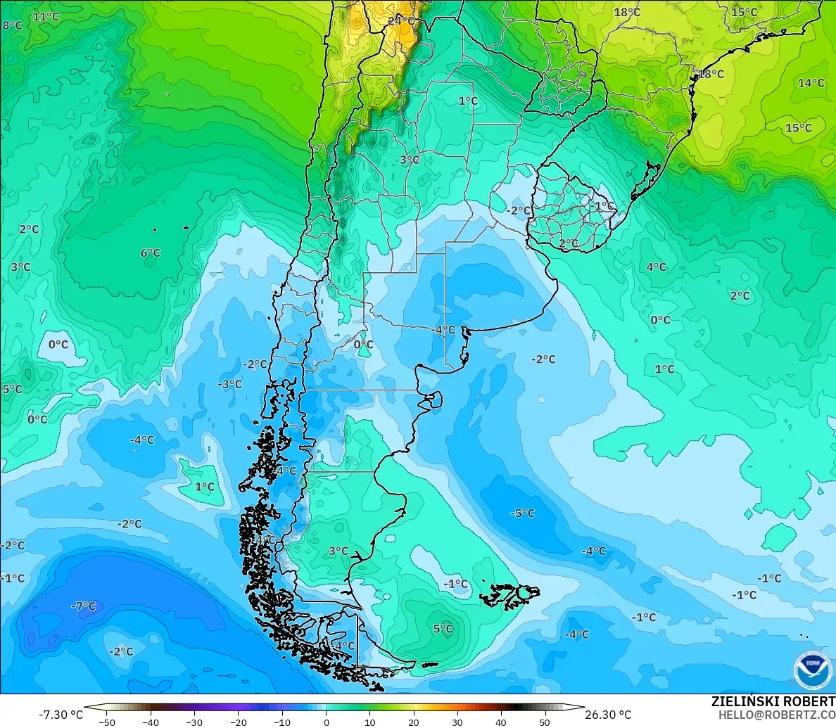 GFS modelo - Argentina, Temperatura a 850 hPa