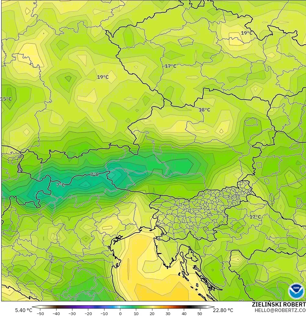 GFS modelo - Austria, Punto de rocío a 2 m