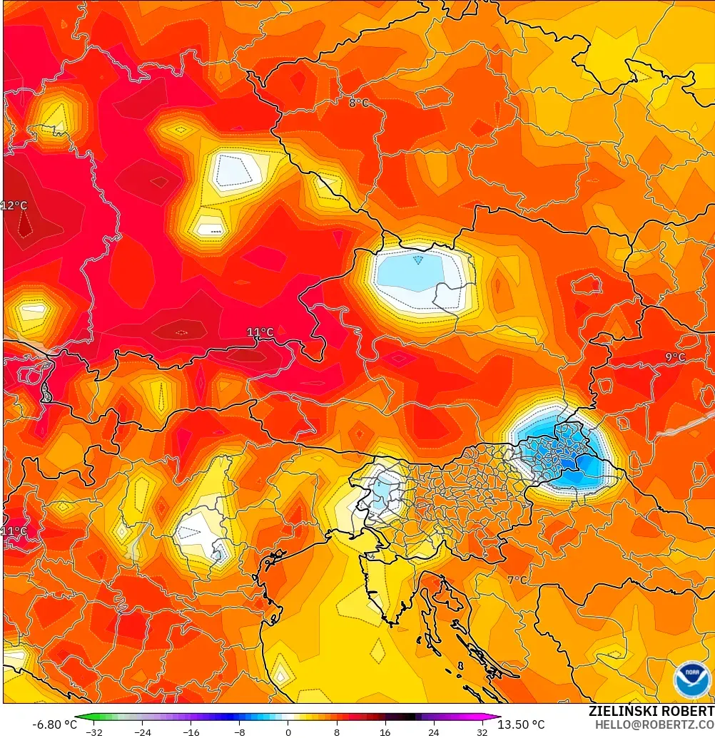 GFS modelo - Austria, Anomalía de temperatura a 2 m