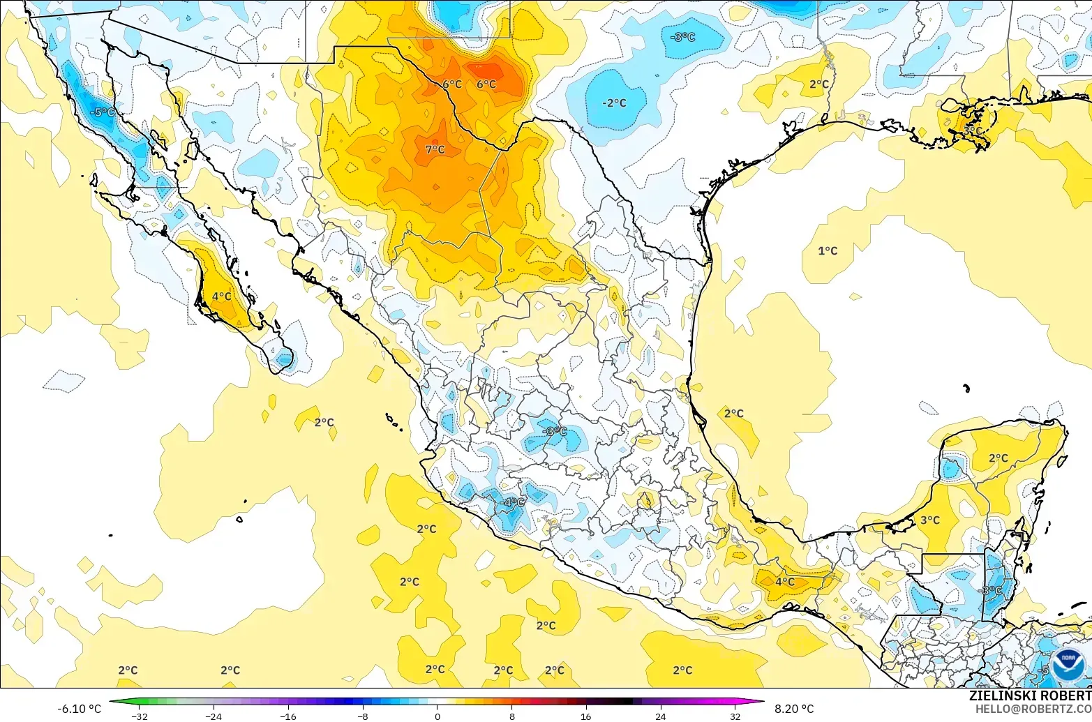 GFS modelo - México, Anomalía de temperatura a 2 m