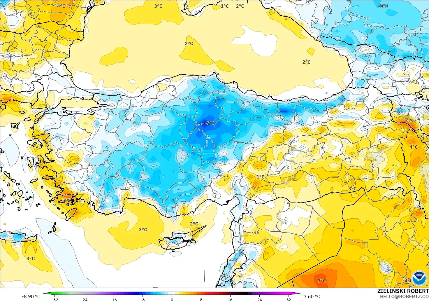 GFS modelo - Turquía, Anomalía de temperatura a 2 m